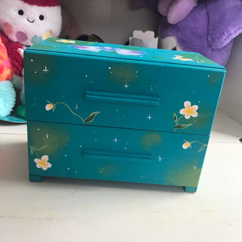 Hand-Painted Teal Jewelry Box with Floral Accents - Picture 5 of 7